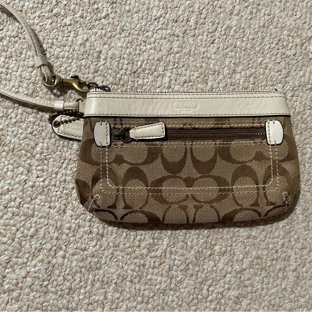 Coach Small, Signature Wristlet, Tan & White